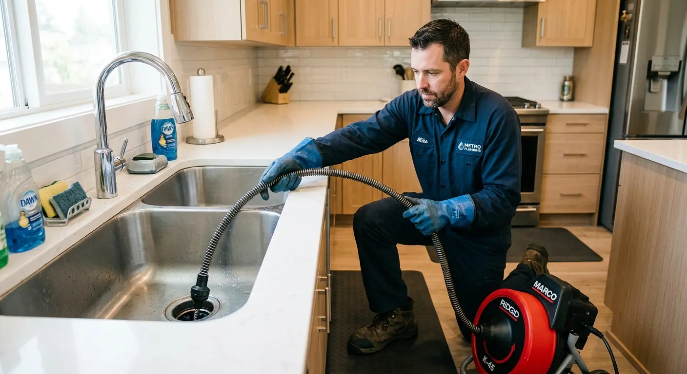 Drain cleaning technician using a motorized snake on a kitchen sink in San Angelo