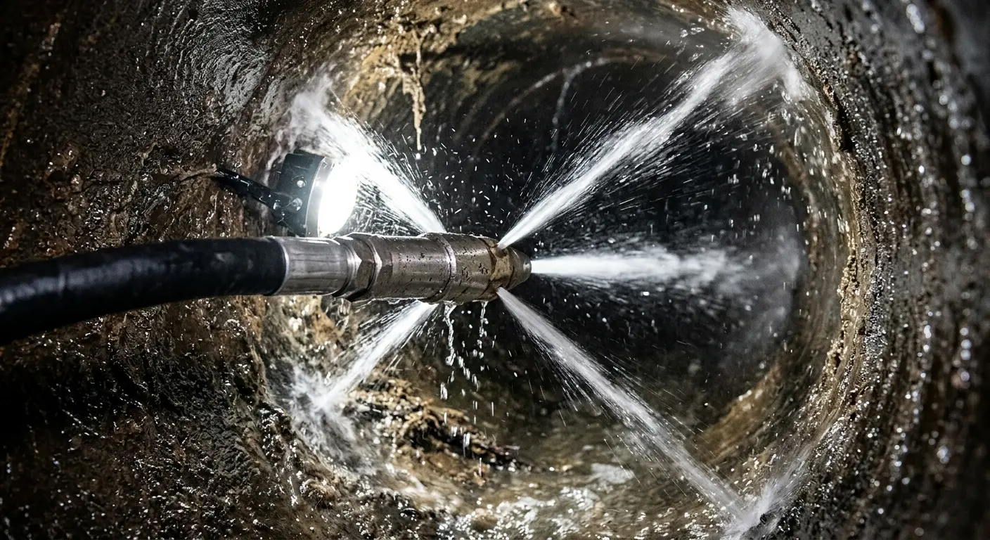 High-pressure hydro jetting nozzle cleaning sewer pipe for Trenchless Sewer Repair in San Angelo