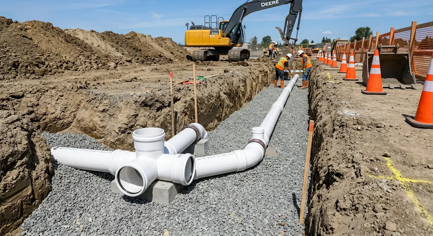 New PVC sewer pipe installation in open trench for Commercial Drain Cleaning in San Angelo