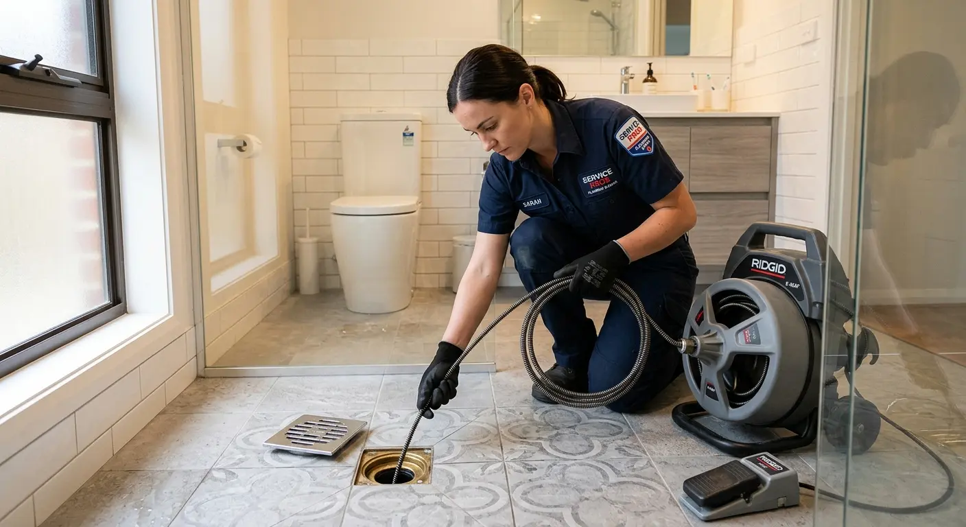 Technician clearing a bathroom floor drain for Drain Cleaning in San Angelo